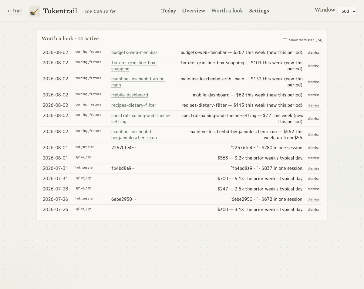 Tokentrail anomalies page: a table of detected spending spikes, each row showing the affected feature, the spike amount versus the week's average, and a snooze action.